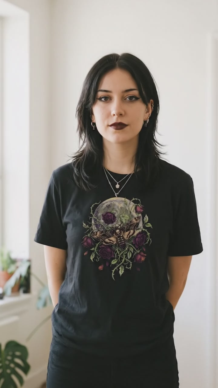 Dark Botanical Moth Shirt, Gothic Moon and Roses Tee, Dark Academia Goth Gift for Her