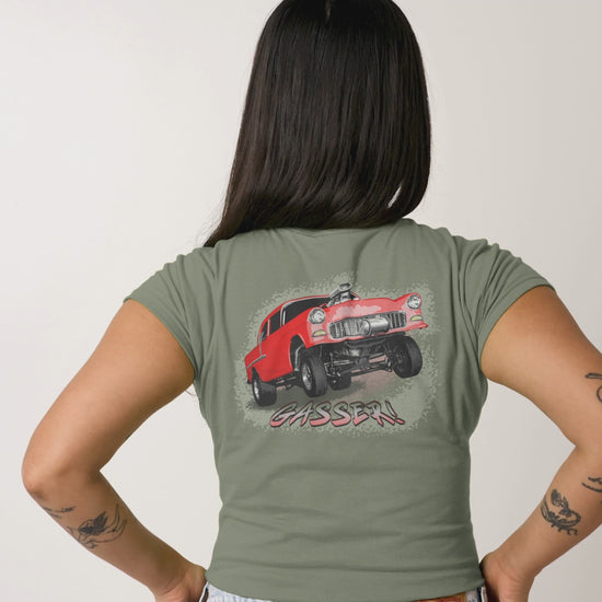 Classic Car Shirt featuring a Red 1955 Chevy Gasser - Unisex t-shirt, 1950s 1960s racer, image on back