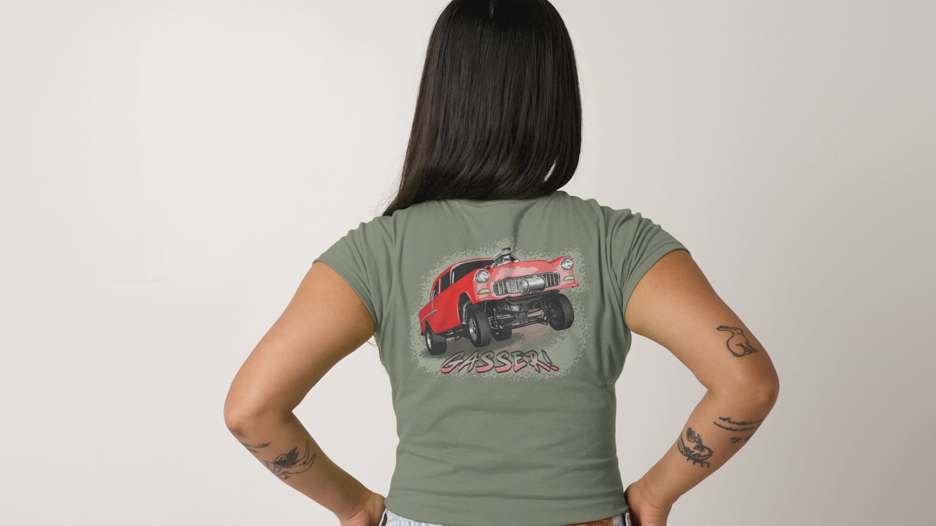 Classic Car Shirt featuring a Red 1955 Chevy Gasser - Unisex t-shirt, 1950s 1960s racer, image on back