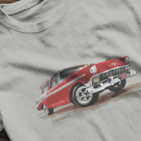 Classic Car Shirt featuring a red 56 Chevrolet Bel Air Nomad, 1956 Chevy on Unisex t-shirt