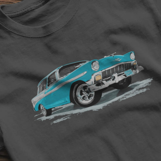 Classic Car Shirt featuring a Blue 56 Chevrolet Bel Air Nomad, 1956 Chevy on Unisex t-shirt