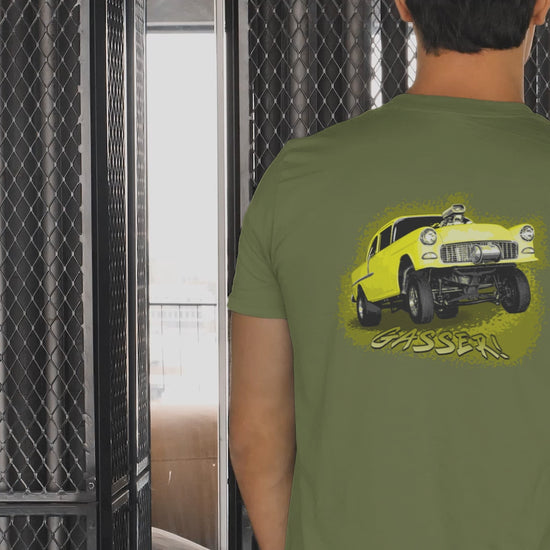 Classic Car Shirt featuring a Yellow 1955 Chevy Gasser - Unisex t-shirt, 1950s 1960s racer, image on back