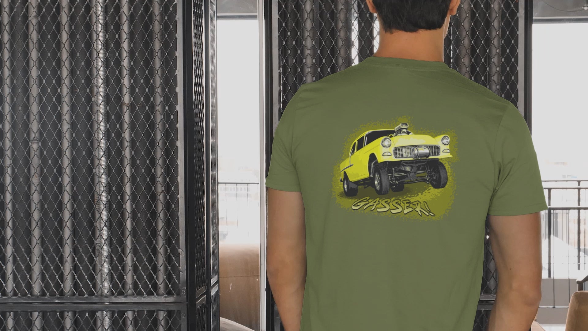 Classic Car Shirt featuring a Yellow 1955 Chevy Gasser - Unisex t-shirt, 1950s 1960s racer, image on back