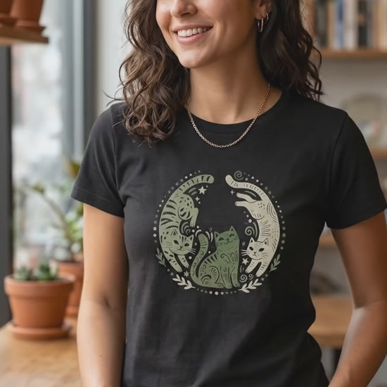 Folk Art Cat Shirt | Celestial Three Cats Tee | Sage Green Mystical T-Shirt