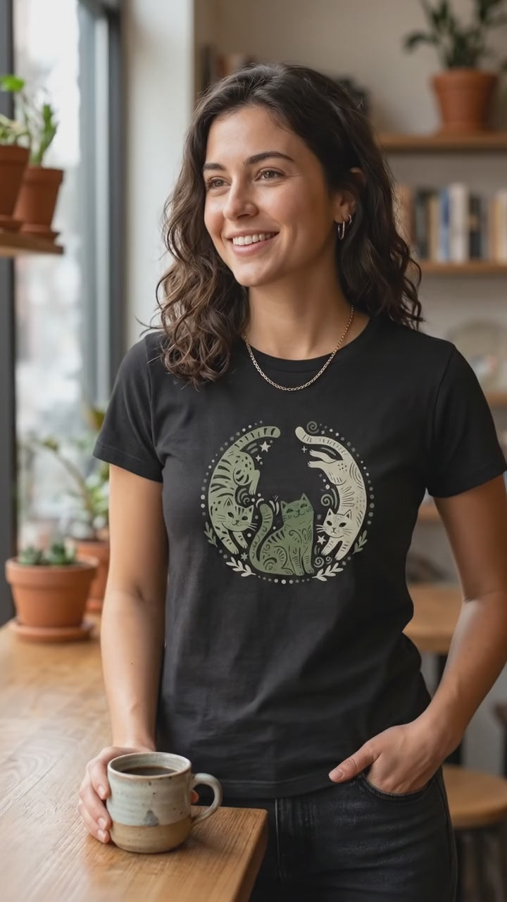 Folk Art Cat Shirt | Celestial Three Cats Tee | Sage Green Mystical T-Shirt