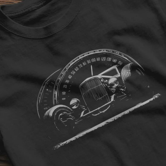 Classic car shirt featuring 30's-era hot rod with speedometer background
