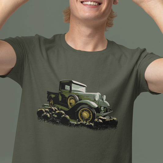 Pumpkin Truck Unisex Jersey Tee featuring a Model A Ford truck with pumpkins in foreground