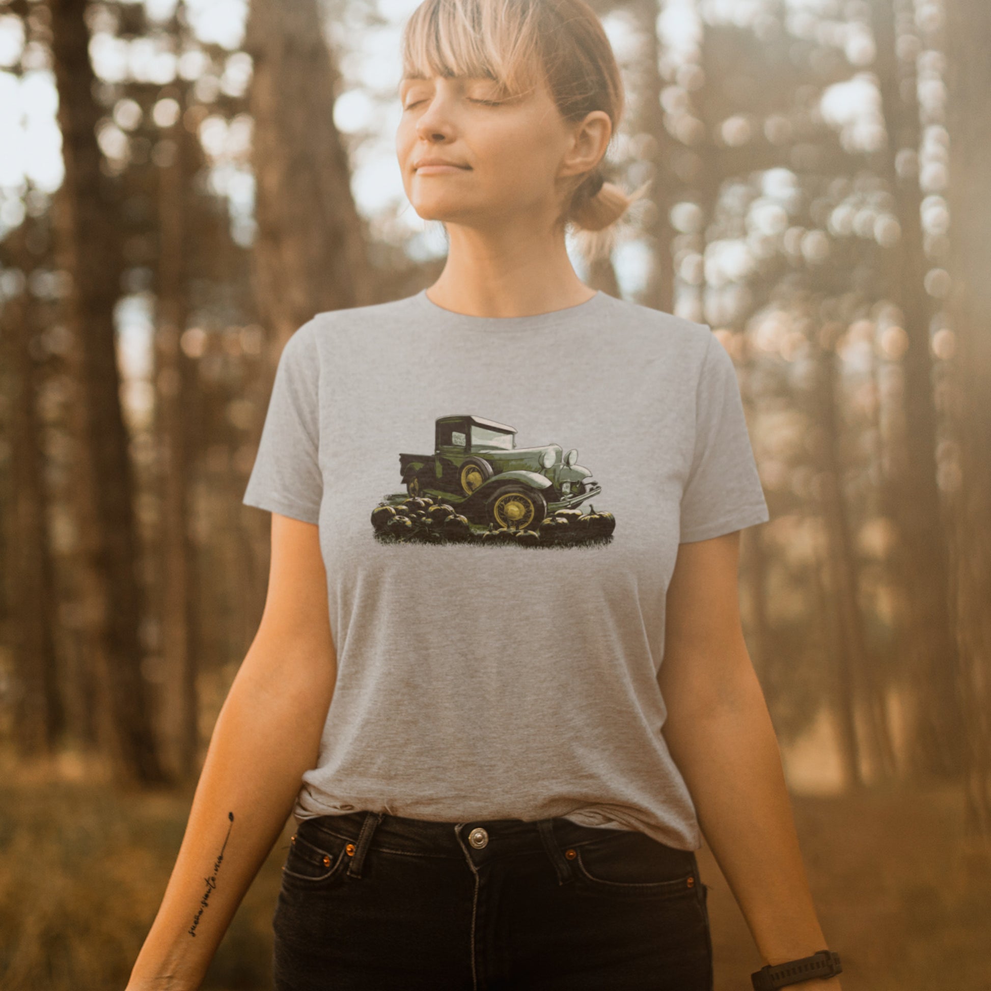 Pumpkin Truck Unisex Jersey Tee featuring a Model A Ford truck with pumpkins in foreground