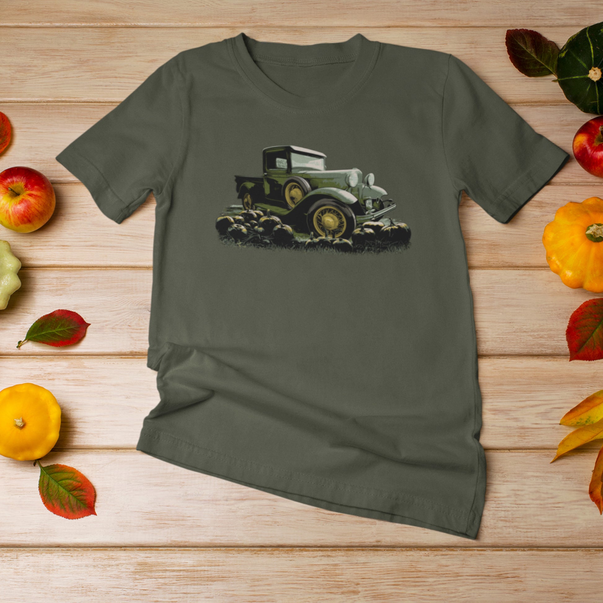 Pumpkin Truck Unisex Jersey Tee featuring a Model A Ford truck with pumpkins in foreground