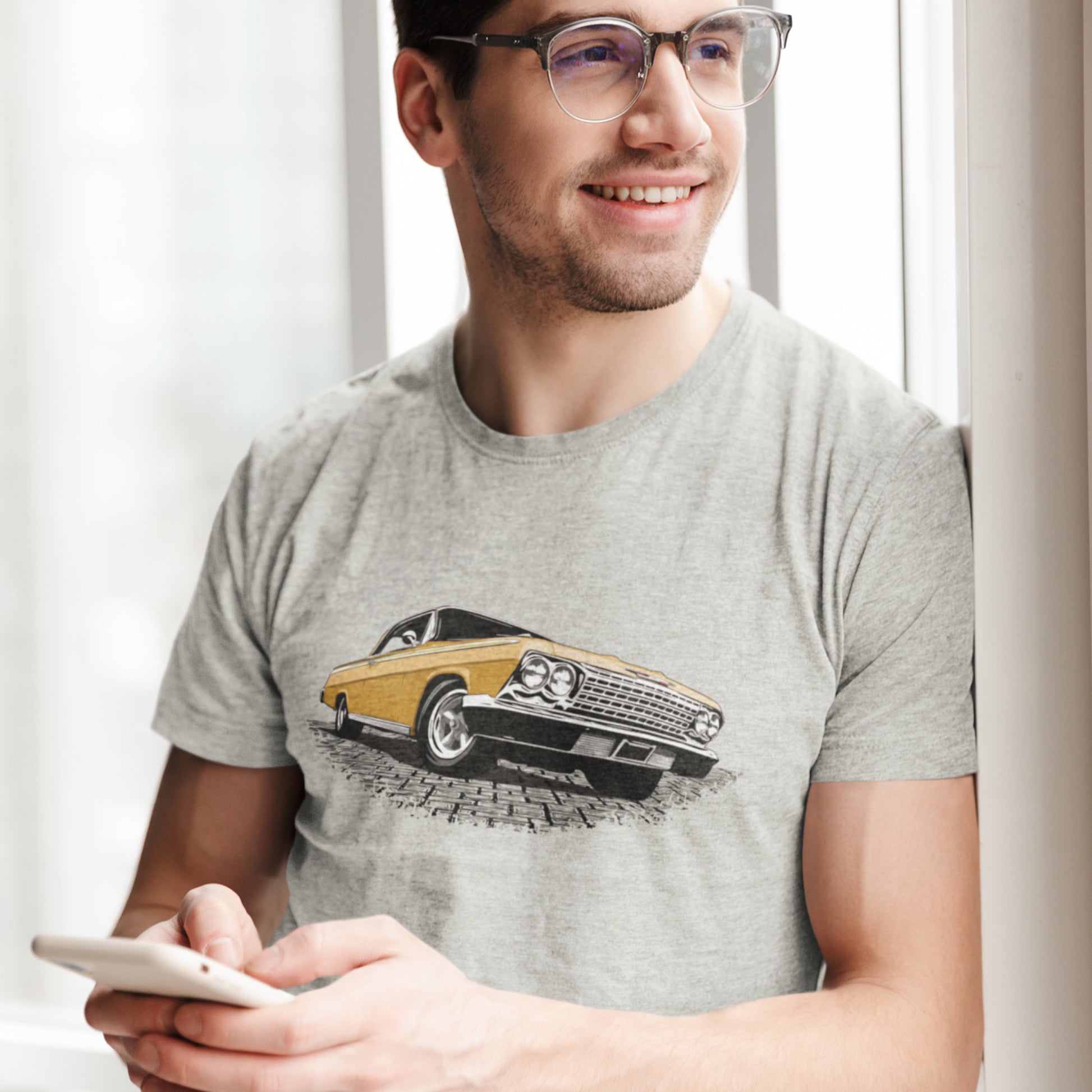 Classic car shirt featuring Gold 1962 Chevy Impala - Unisex Jersey Tee - 62 Chevrolet Impala SS