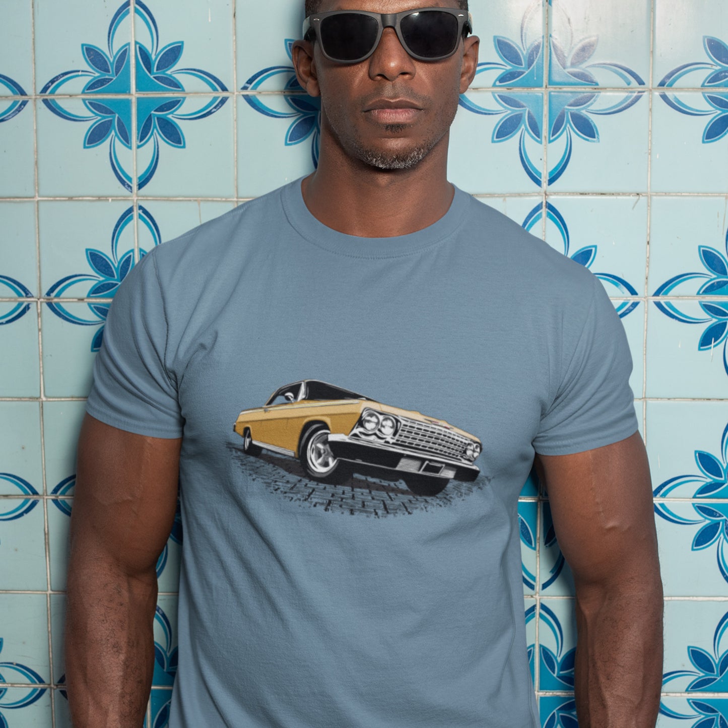 Classic car shirt featuring Gold 1962 Chevy Impala - Unisex Jersey Tee - 62 Chevrolet Impala SS