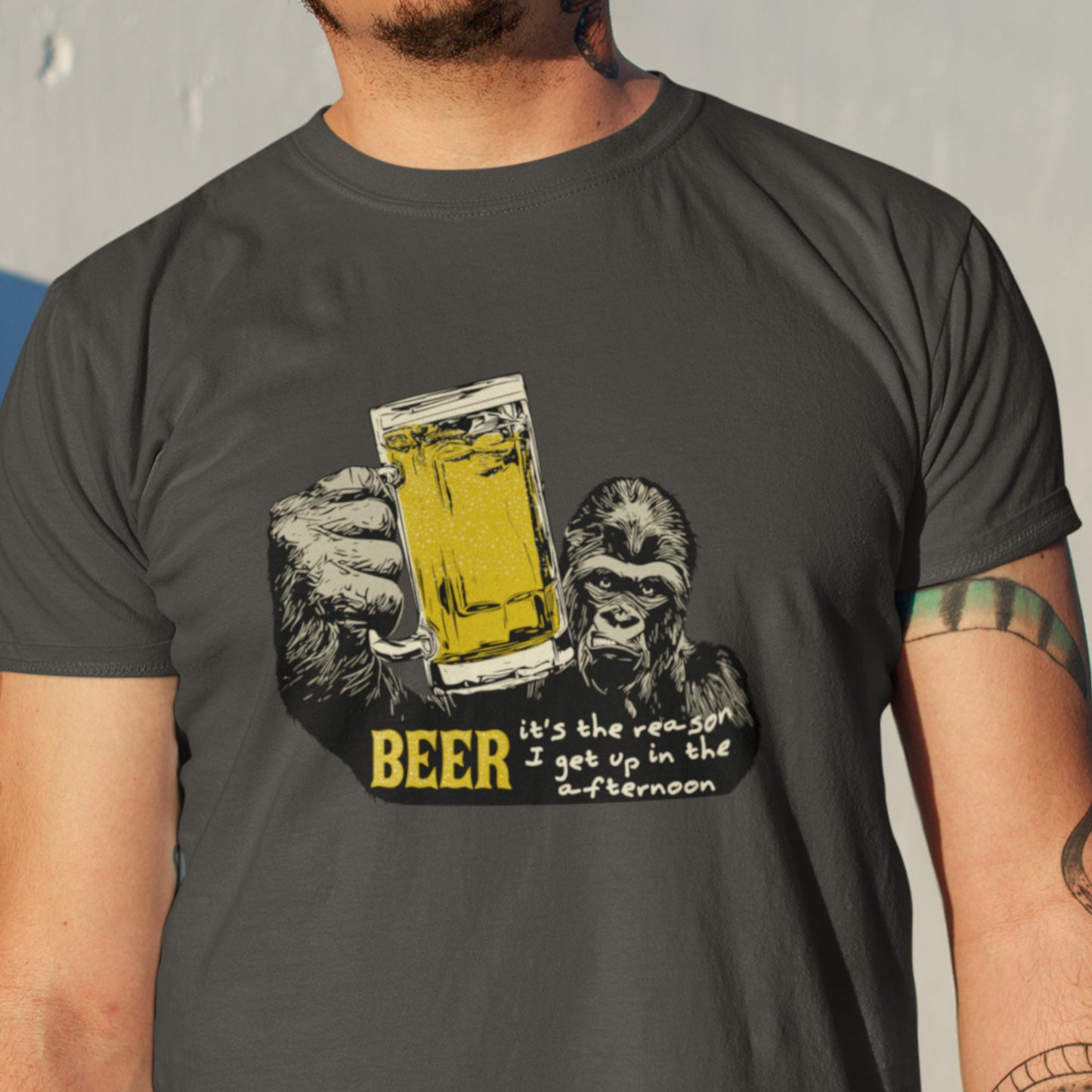 Beer Drinking Gorilla Unisex Jersey Tee - Beer - it's the reason I get up in the afternoon! Party Ape with beer mug.