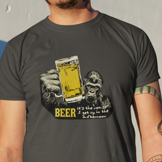 Beer Drinking Gorilla Unisex Jersey Tee - Beer - it's the reason I get up in the afternoon! Party Ape with beer mug.