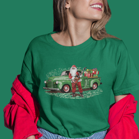 Guitar Santa Unisex Jersey Tee, Santa Claus with Rat Rod Chevy Truck full of Presents