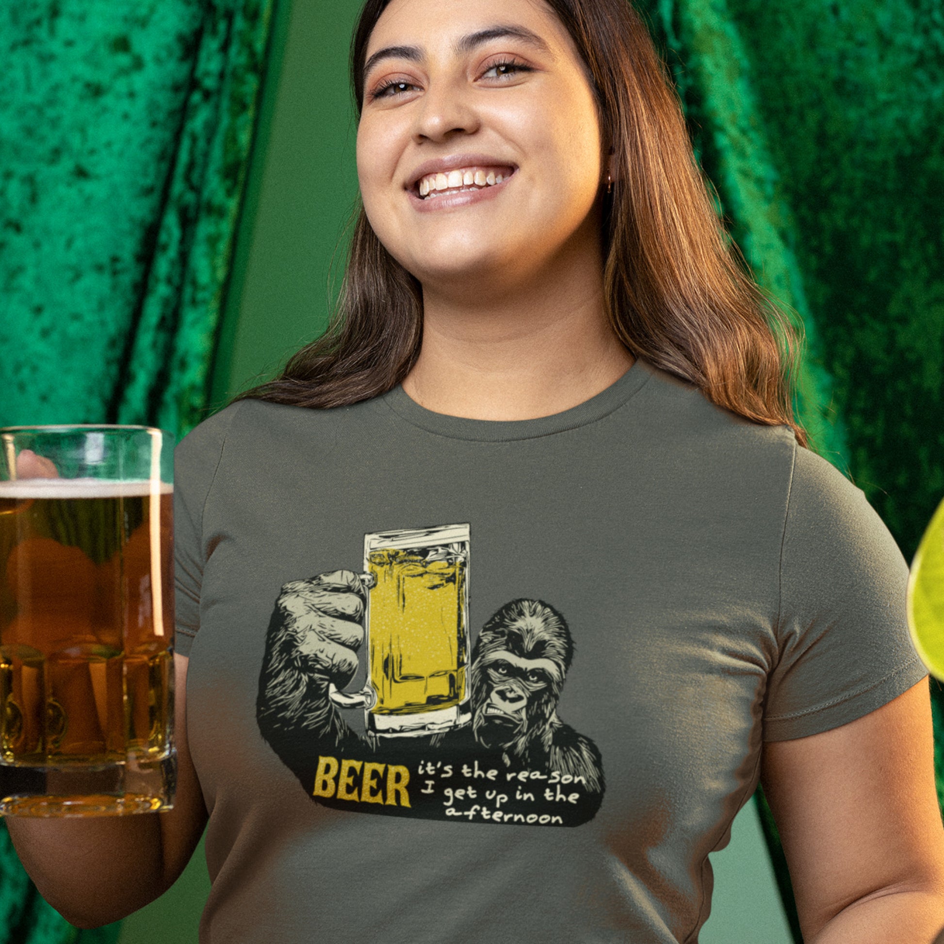 Beer Drinking Gorilla Unisex Jersey Tee - Beer - it's the reason I get up in the afternoon! Party Ape with beer mug.