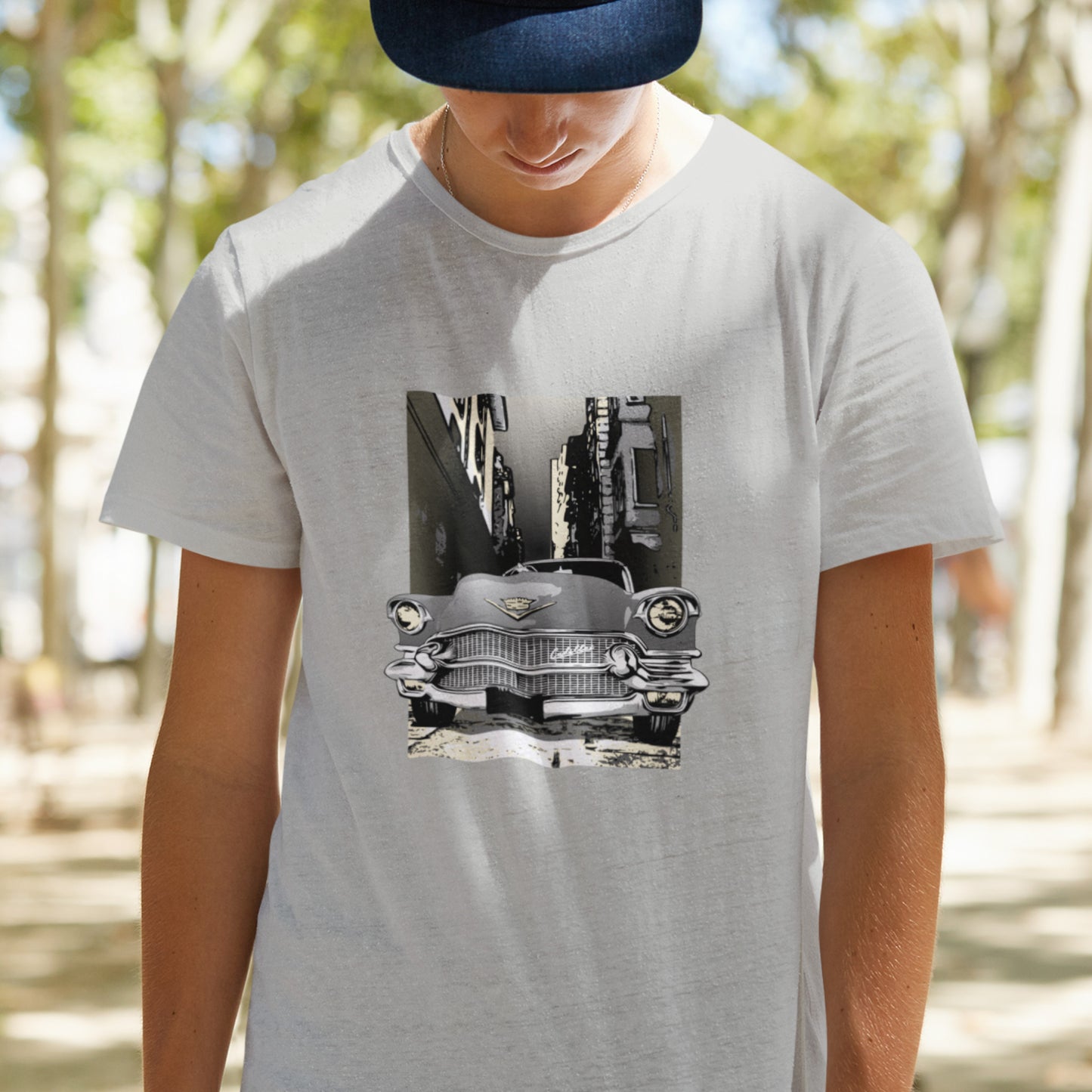 56 Cadillac Unisex Jersey Tee, 1956 Caddy on city street