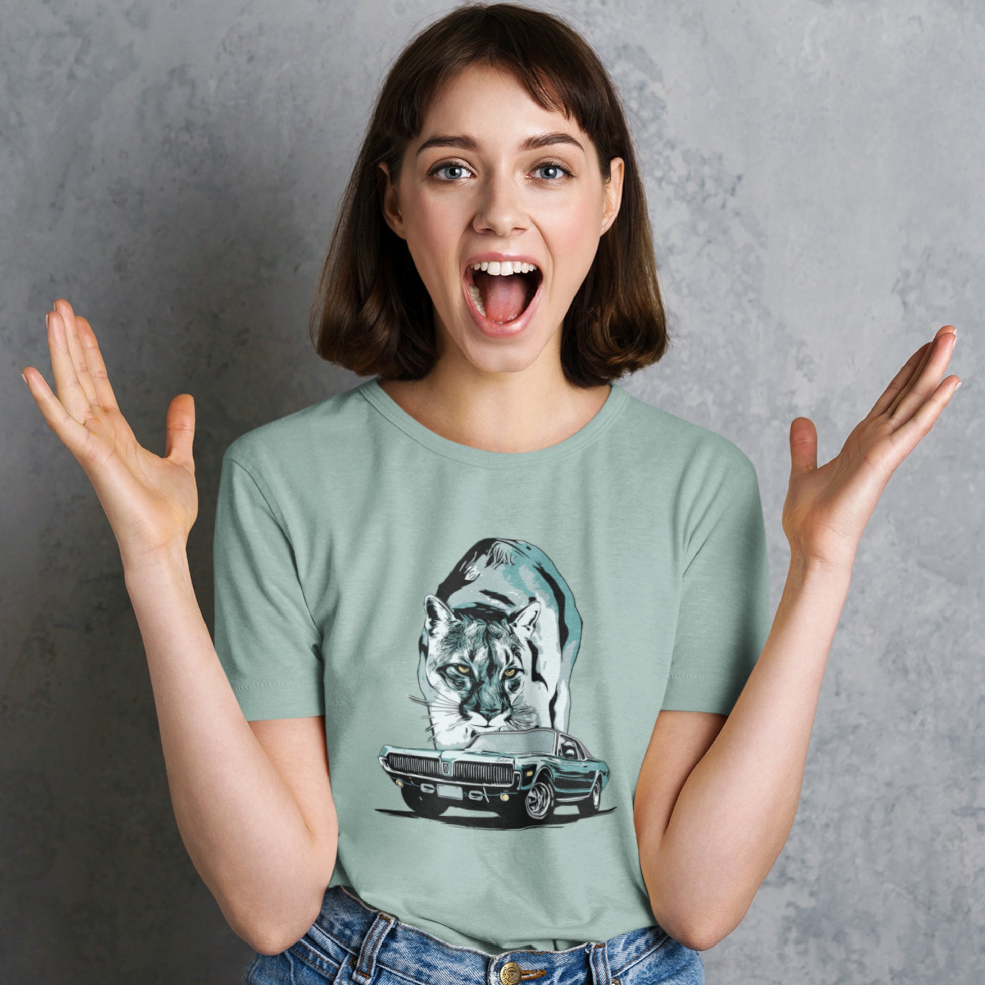 Classic Car Shirt featuring 68 Cougar, Unisex Jersey Tee featuring 1968 Mercury Cougar with cougar cat backdrop, green theme