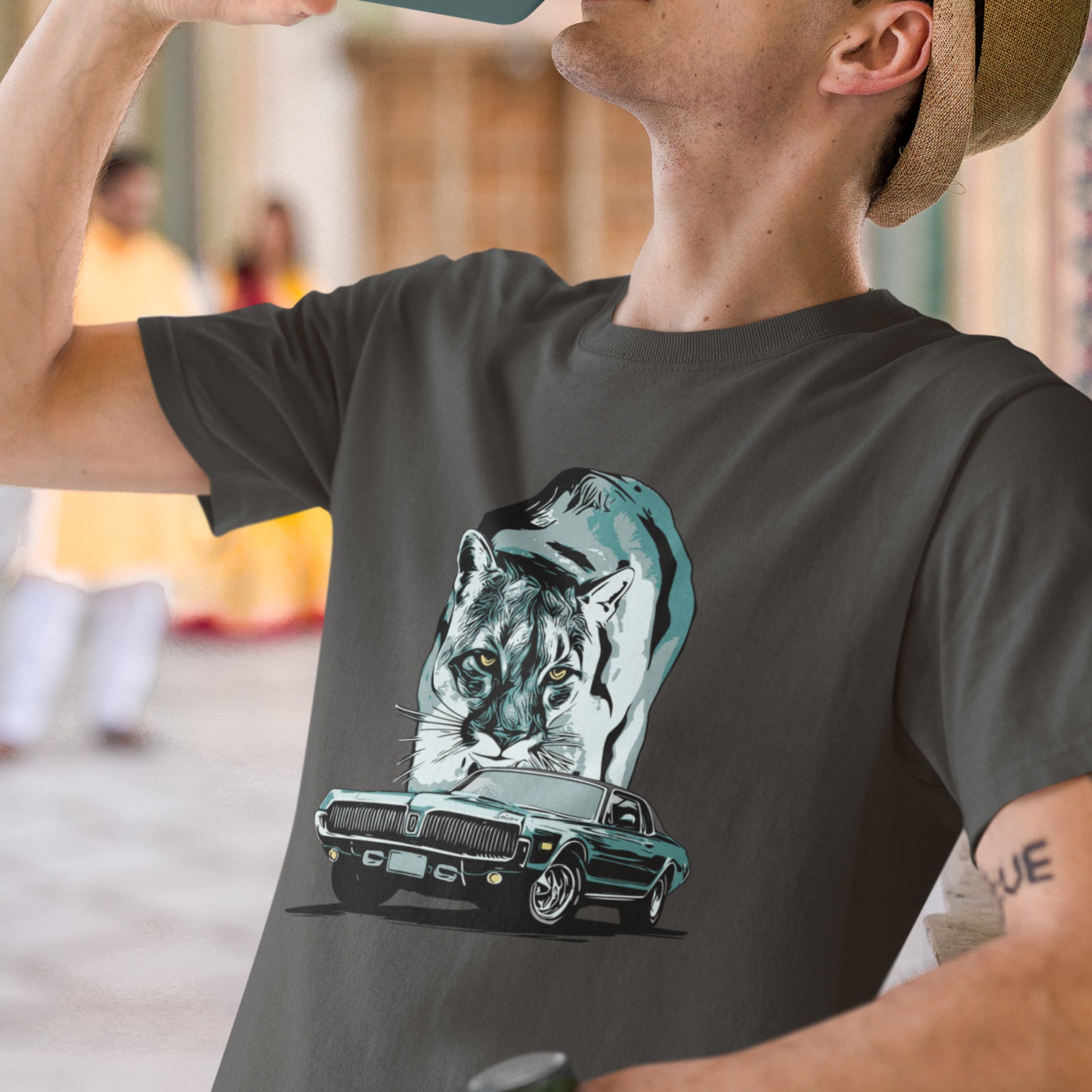 Classic Car Shirt featuring 68 Cougar, Unisex Jersey Tee featuring 1968 Mercury Cougar with cougar cat backdrop, green theme