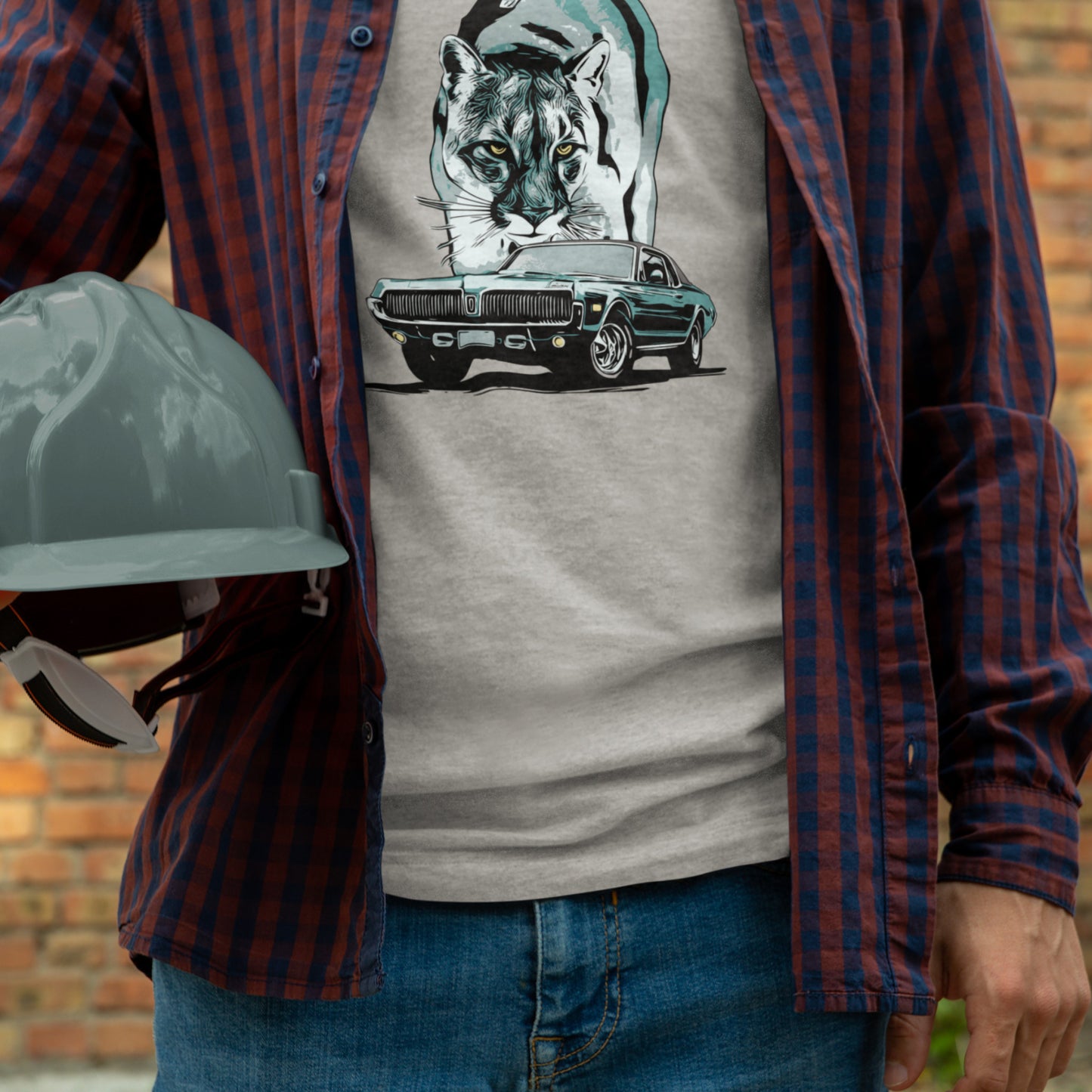 Classic Car Shirt featuring 68 Cougar, Unisex Jersey Tee featuring 1968 Mercury Cougar with cougar cat backdrop, green theme