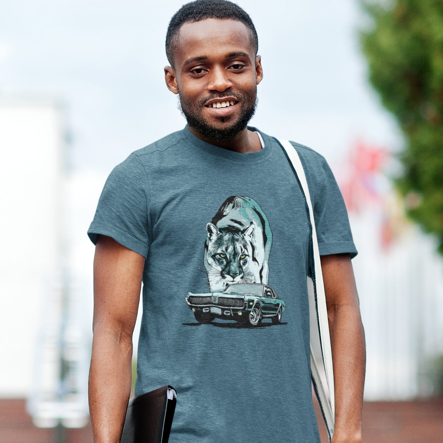 Classic Car Shirt featuring 68 Cougar, Unisex Jersey Tee featuring 1968 Mercury Cougar with cougar cat backdrop, green theme