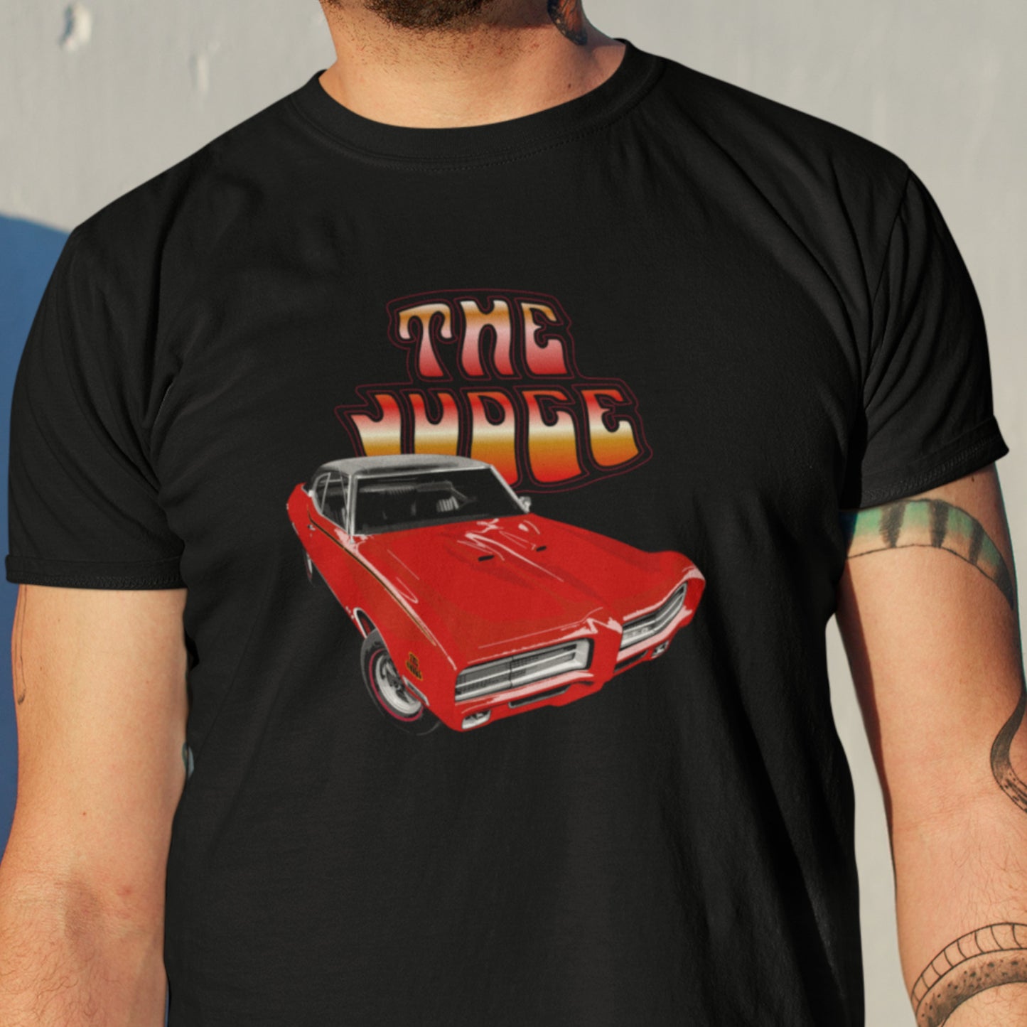 Classic car shirt depicting a red 69 Pontiac GTO Judge - Unisex T-shirt - 1969 muscle car