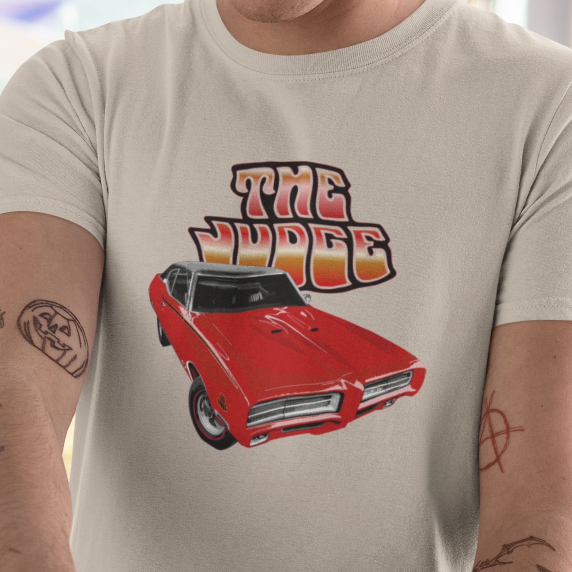 Classic car shirt depicting a red 69 Pontiac GTO Judge - Unisex T-shirt - 1969 muscle car