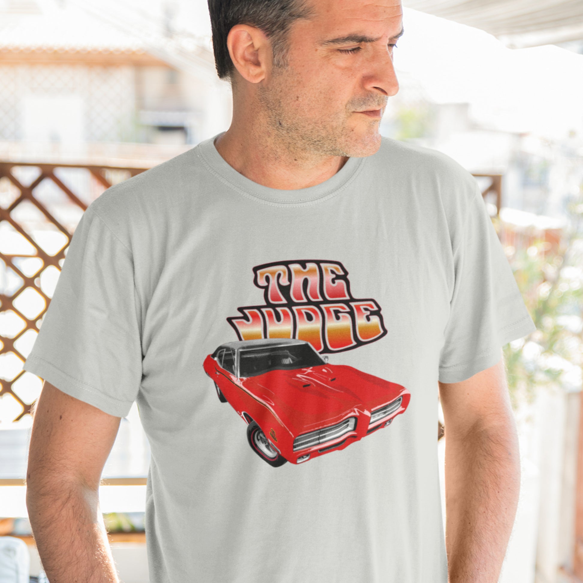 Classic car shirt depicting a red 69 Pontiac GTO Judge - Unisex T-shirt - 1969 muscle car