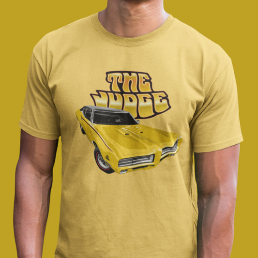 Classic car shirt featuring yellow 1969 Pontiac GTO Judge - Unisex T-shirt - 60's muscle car