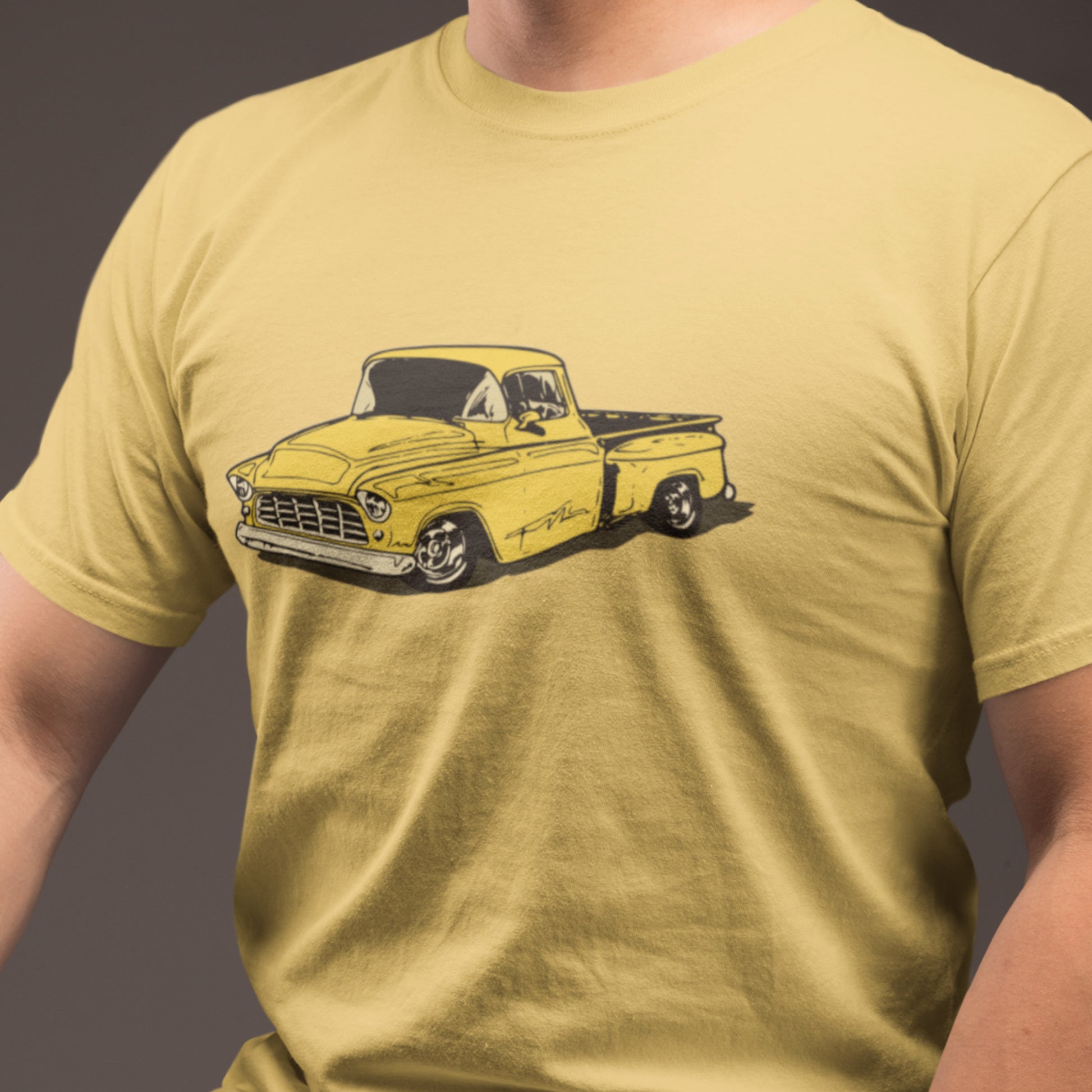 Classic truck shirt featuring yellow 55 Chevy pickup - Unisex T-shirt with classic truck