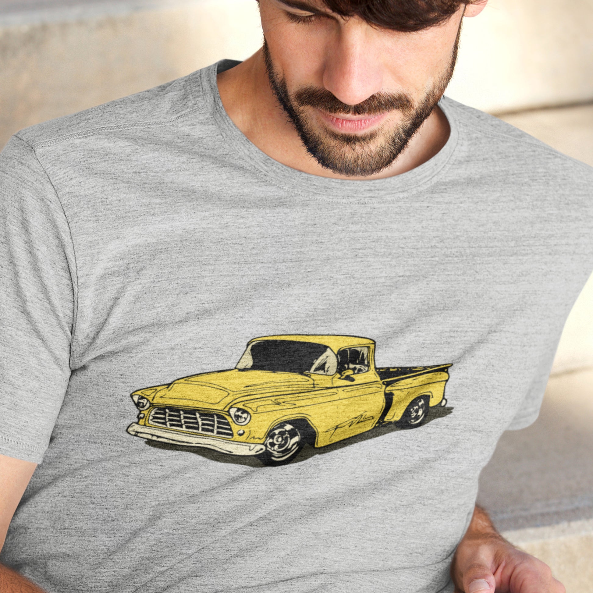 Classic truck shirt featuring yellow 55 Chevy pickup - Unisex T-shirt with classic truck