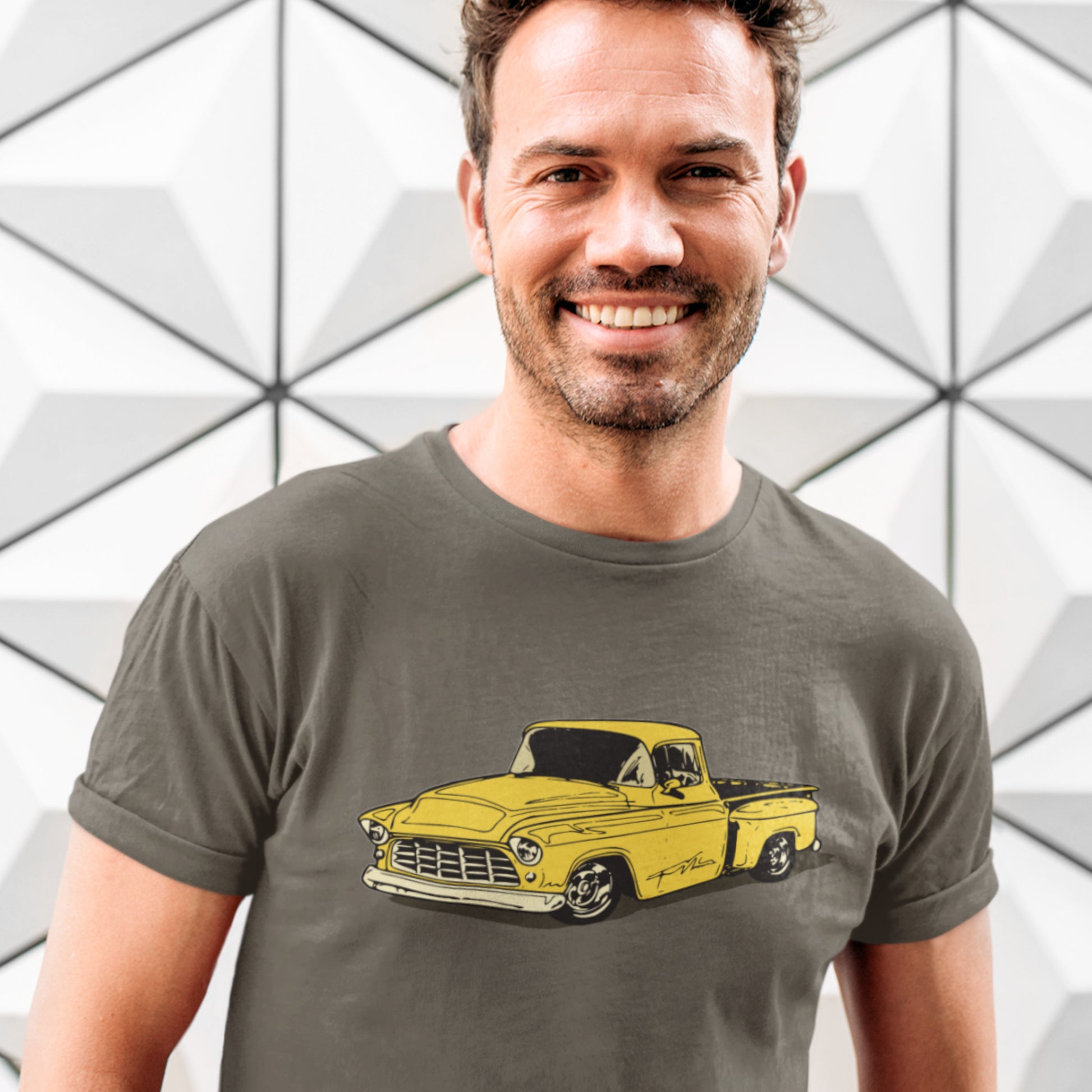 Classic truck shirt featuring yellow 55 Chevy pickup - Unisex T-shirt with classic truck