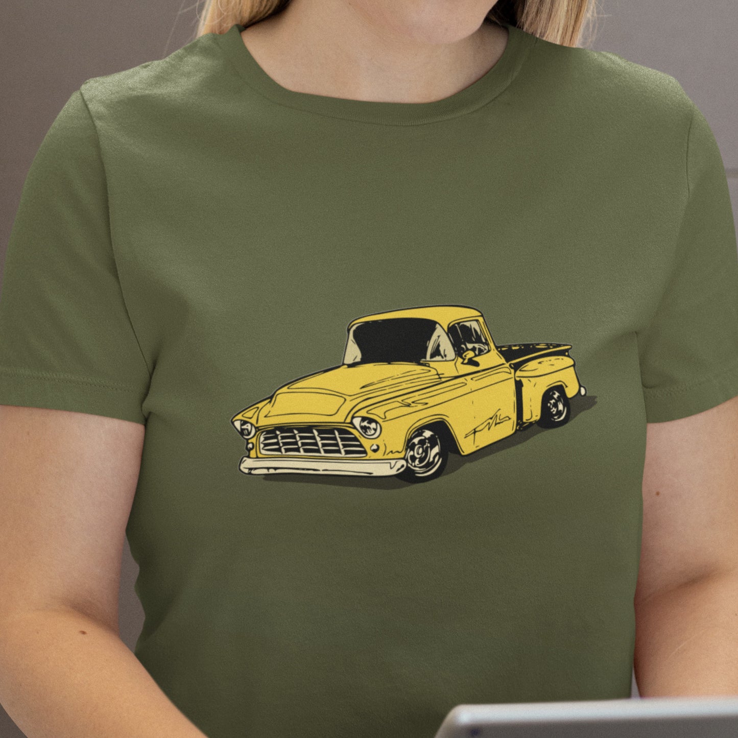 Classic truck shirt featuring yellow 55 Chevy pickup - Unisex T-shirt with classic truck