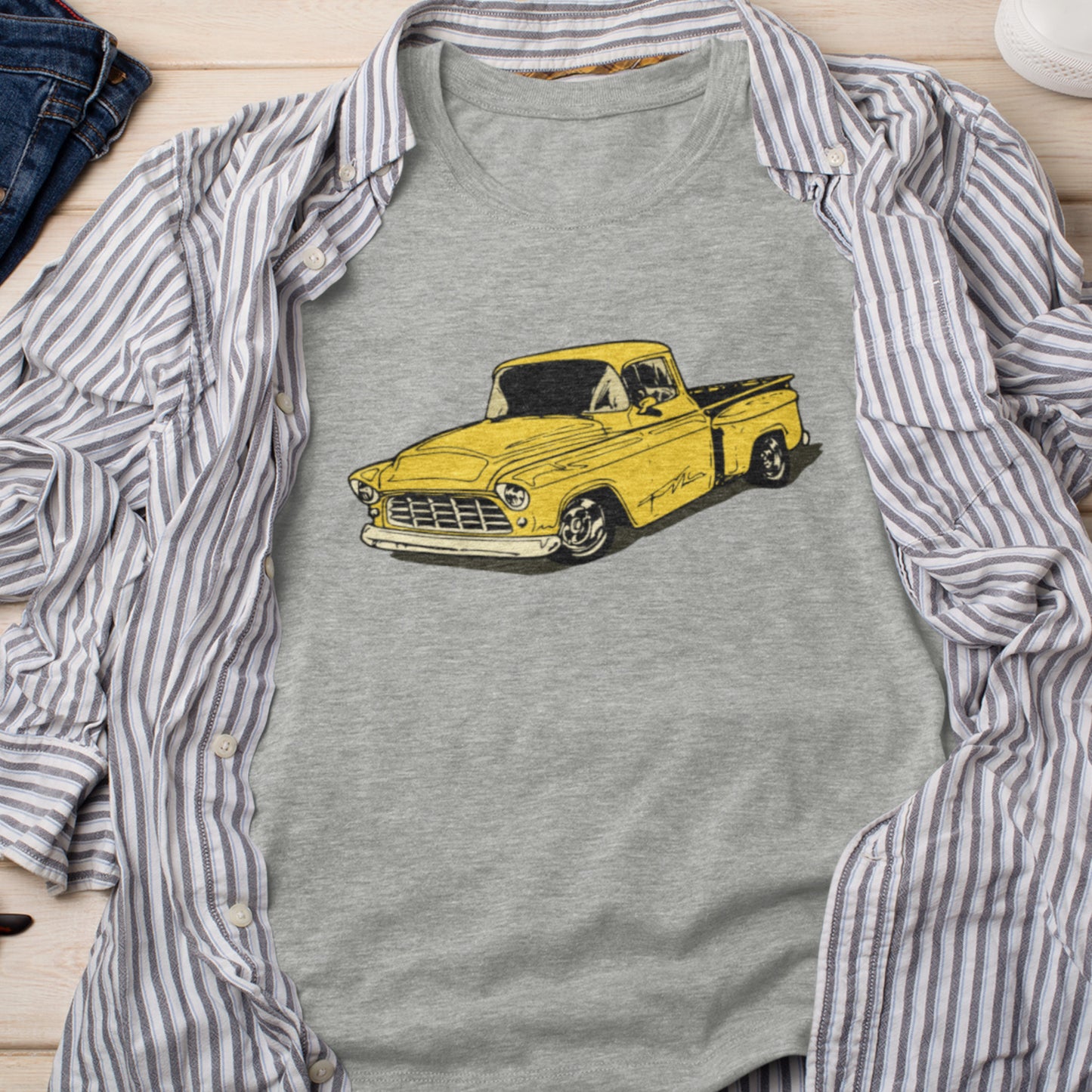 Classic truck shirt featuring yellow 55 Chevy pickup - Unisex T-shirt with classic truck