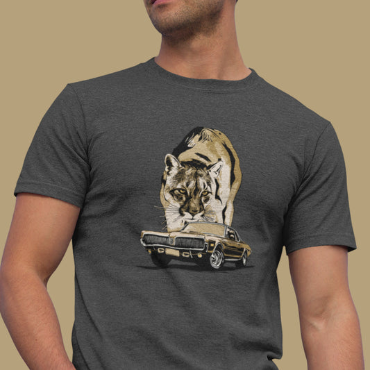 68 Cougar Unisex Jersey Tee, featuring 1968 Mercury Cougar with cougar cat backdrop, gold theme.