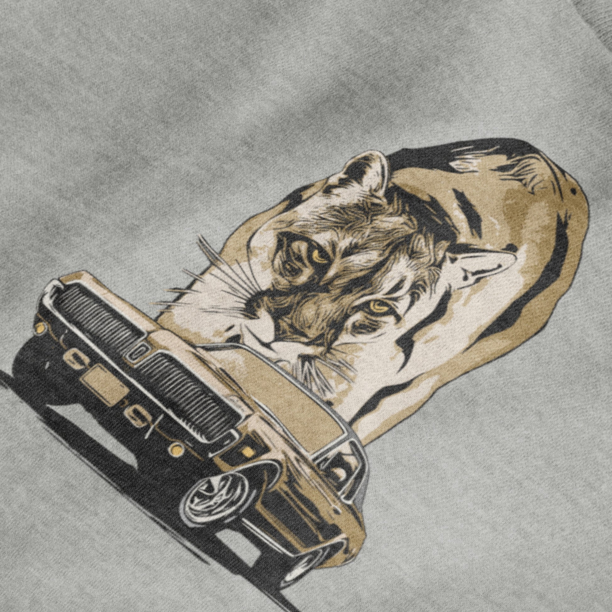 68 Cougar Unisex Jersey Tee, featuring 1968 Mercury Cougar with cougar cat backdrop, gold theme.