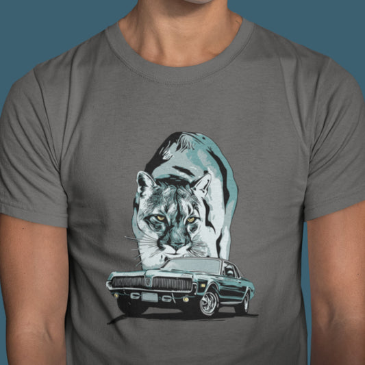 Classic Car Shirt featuring 68 Cougar, Unisex Jersey Tee featuring 1968 Mercury Cougar with cougar cat backdrop, green theme