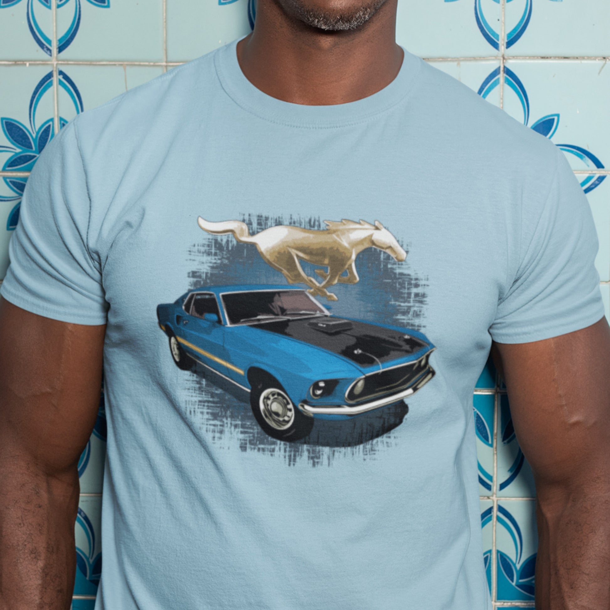 Classic car shirt with Blue 1969 Mustang Mach 1 - Muscle Car Unisex t-shirt with 69 Mach 1 Ford