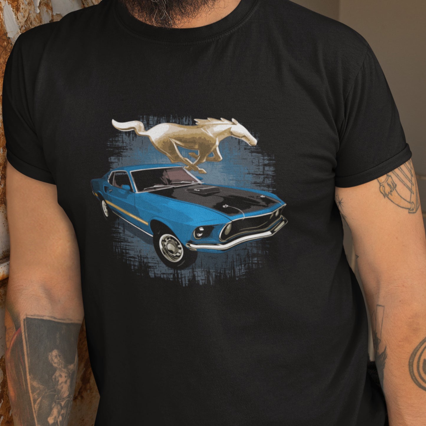 Classic car shirt with Blue 1969 Mustang Mach 1 - Muscle Car Unisex t-shirt with 69 Mach 1 Ford