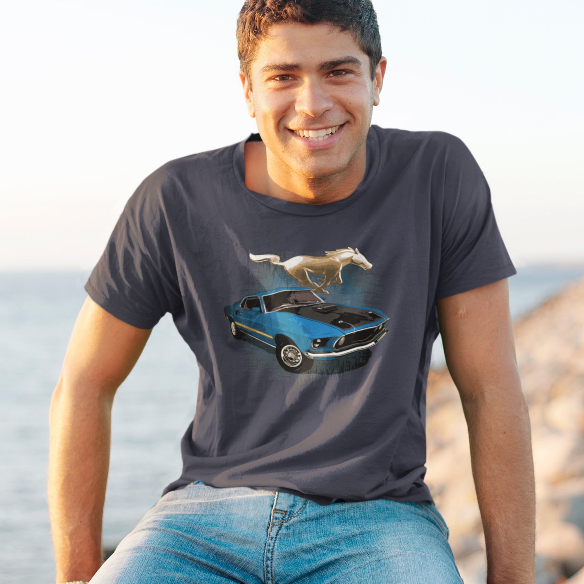 Classic car shirt with Blue 1969 Mustang Mach 1 - Muscle Car Unisex t-shirt with 69 Mach 1 Ford