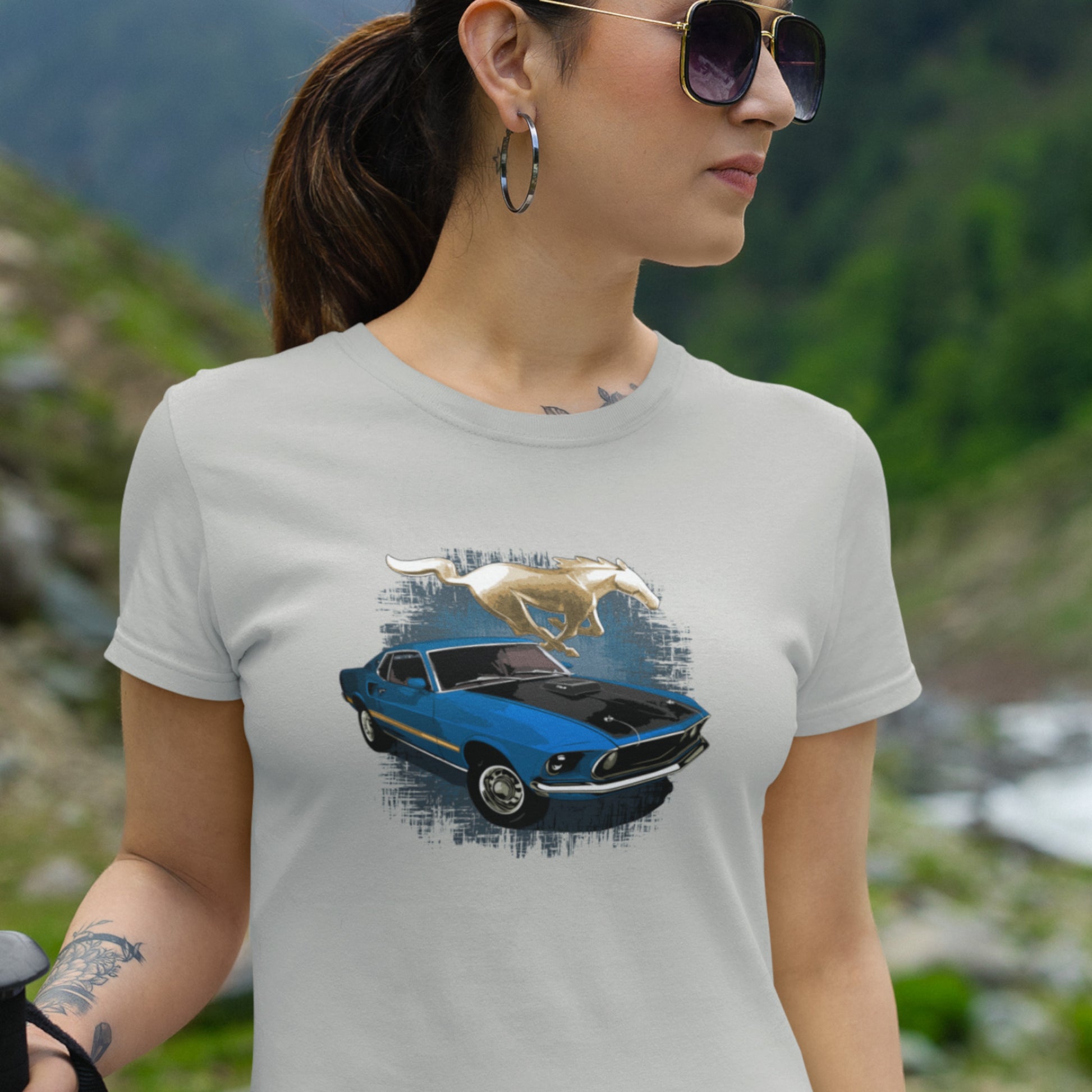 Classic car shirt with Blue 1969 Mustang Mach 1 - Muscle Car Unisex t-shirt with 69 Mach 1 Ford