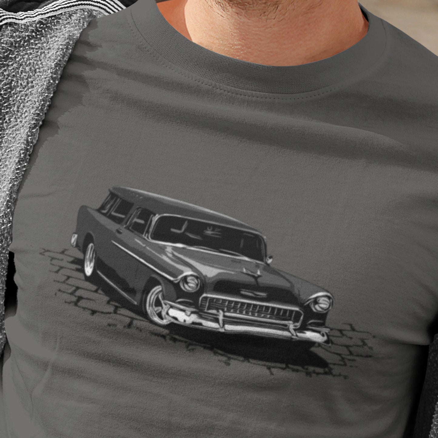 Classic car shirt featuring a black 55 Chevrolet Nomad, 1955 Chevy Bel Air street rod