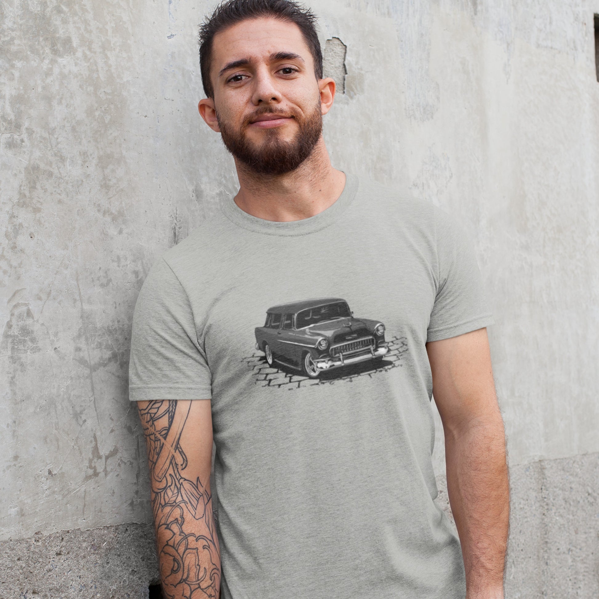 Classic car shirt featuring a black 55 Chevrolet Nomad, 1955 Chevy Bel Air street rod