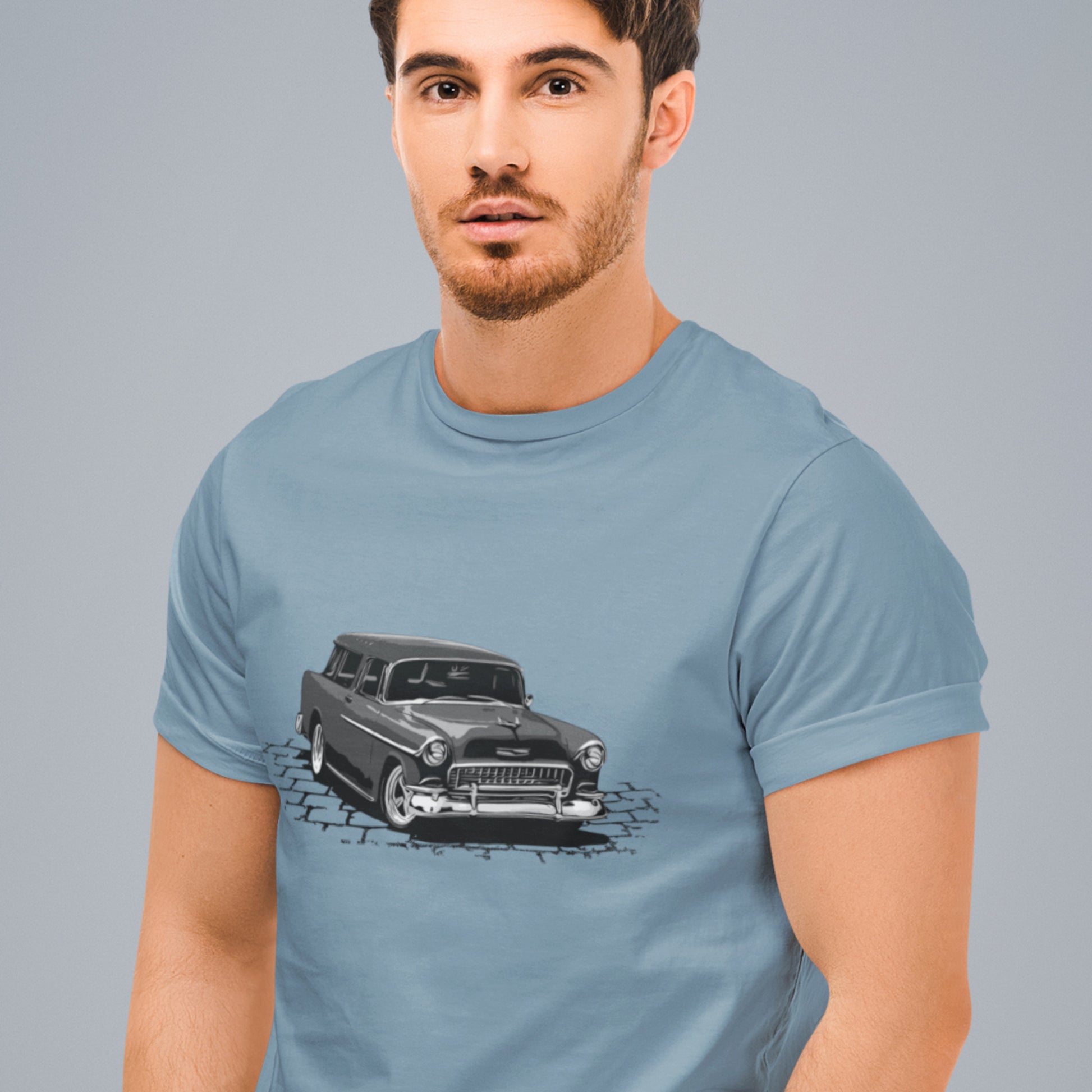 Classic car shirt featuring a black 55 Chevrolet Nomad, 1955 Chevy Bel Air street rod