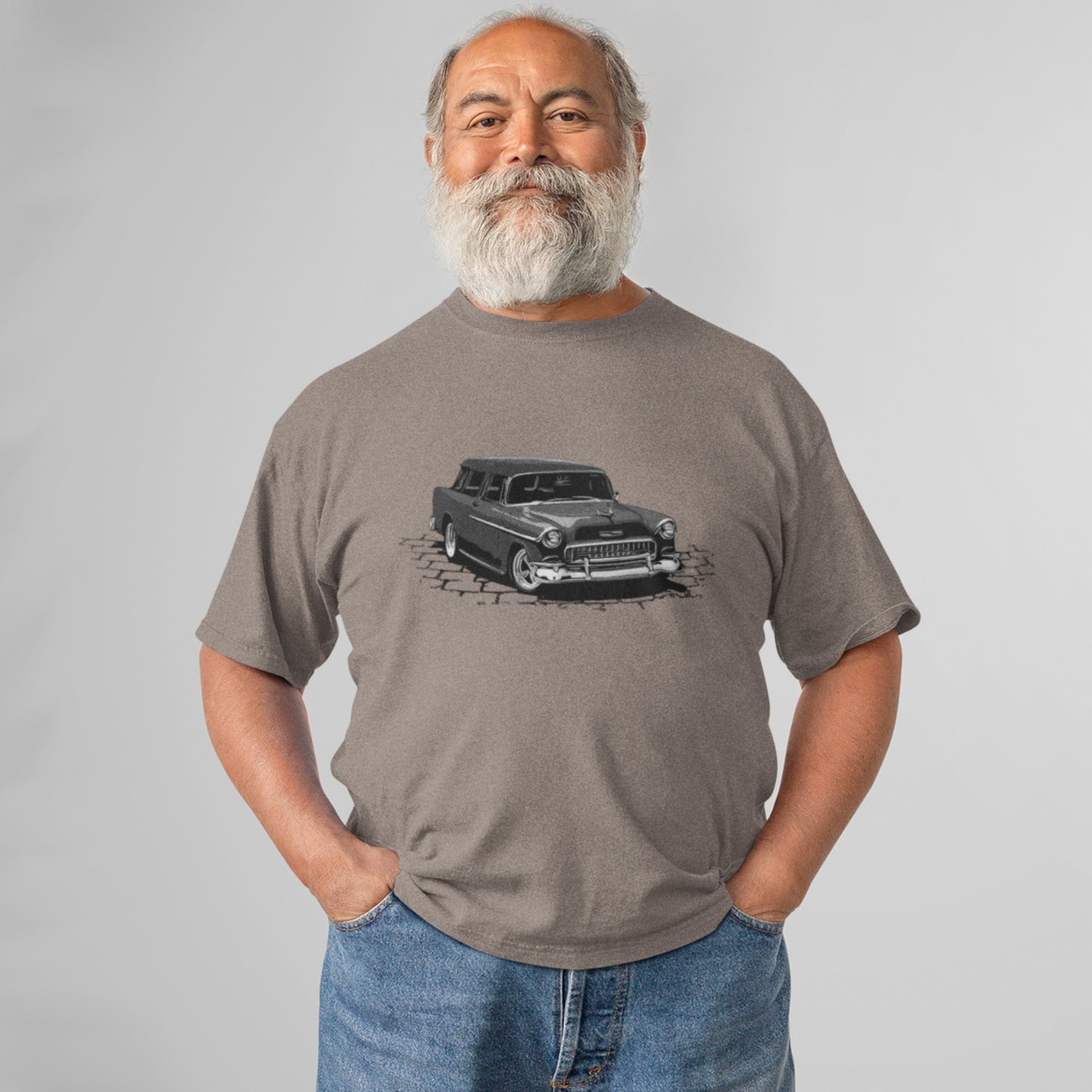 Classic car shirt featuring a black 55 Chevrolet Nomad, 1955 Chevy Bel Air street rod