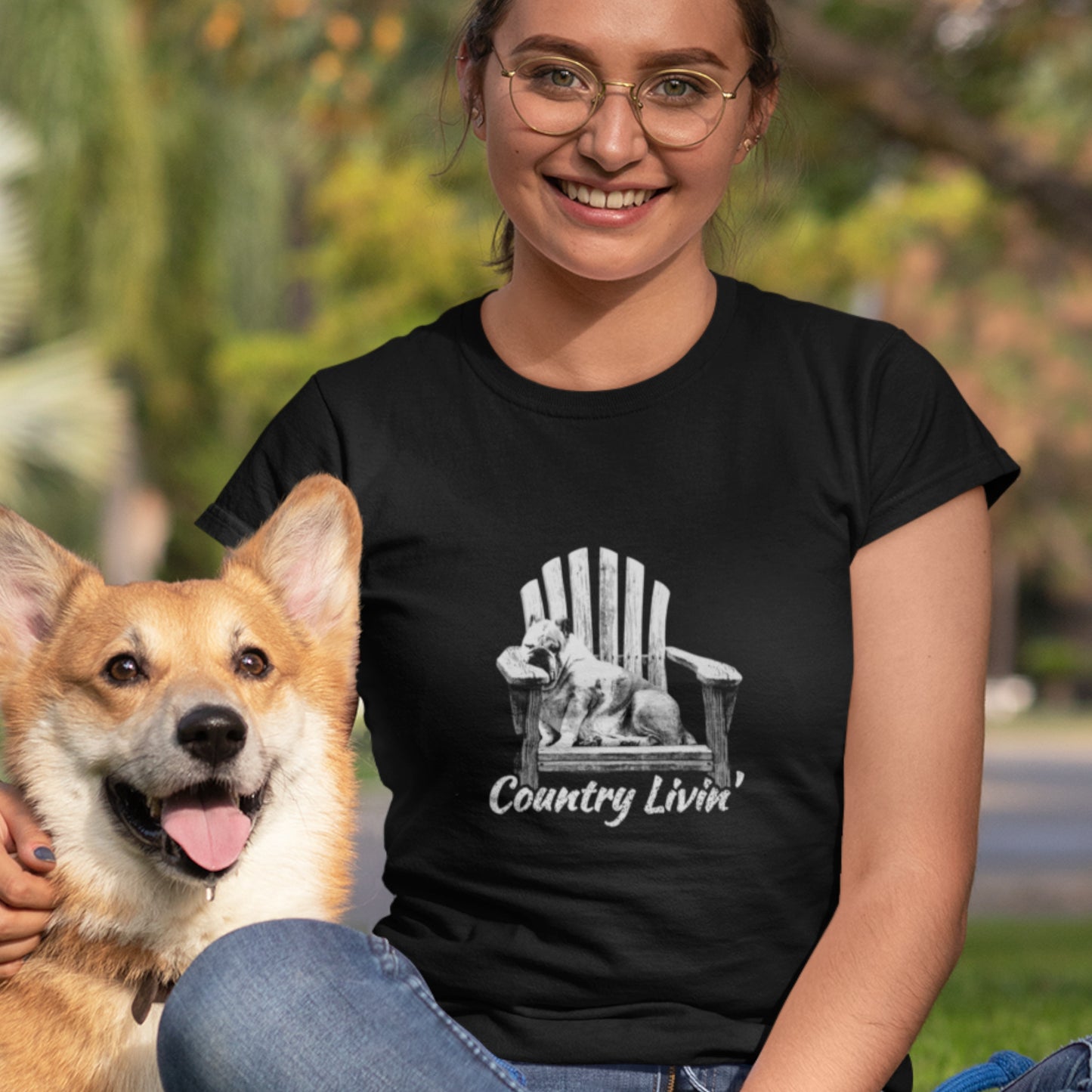 Country Livin' Short-Sleeve Dark Color Unisex T-Shirt, Sleeping Dog in Adirondack Chair