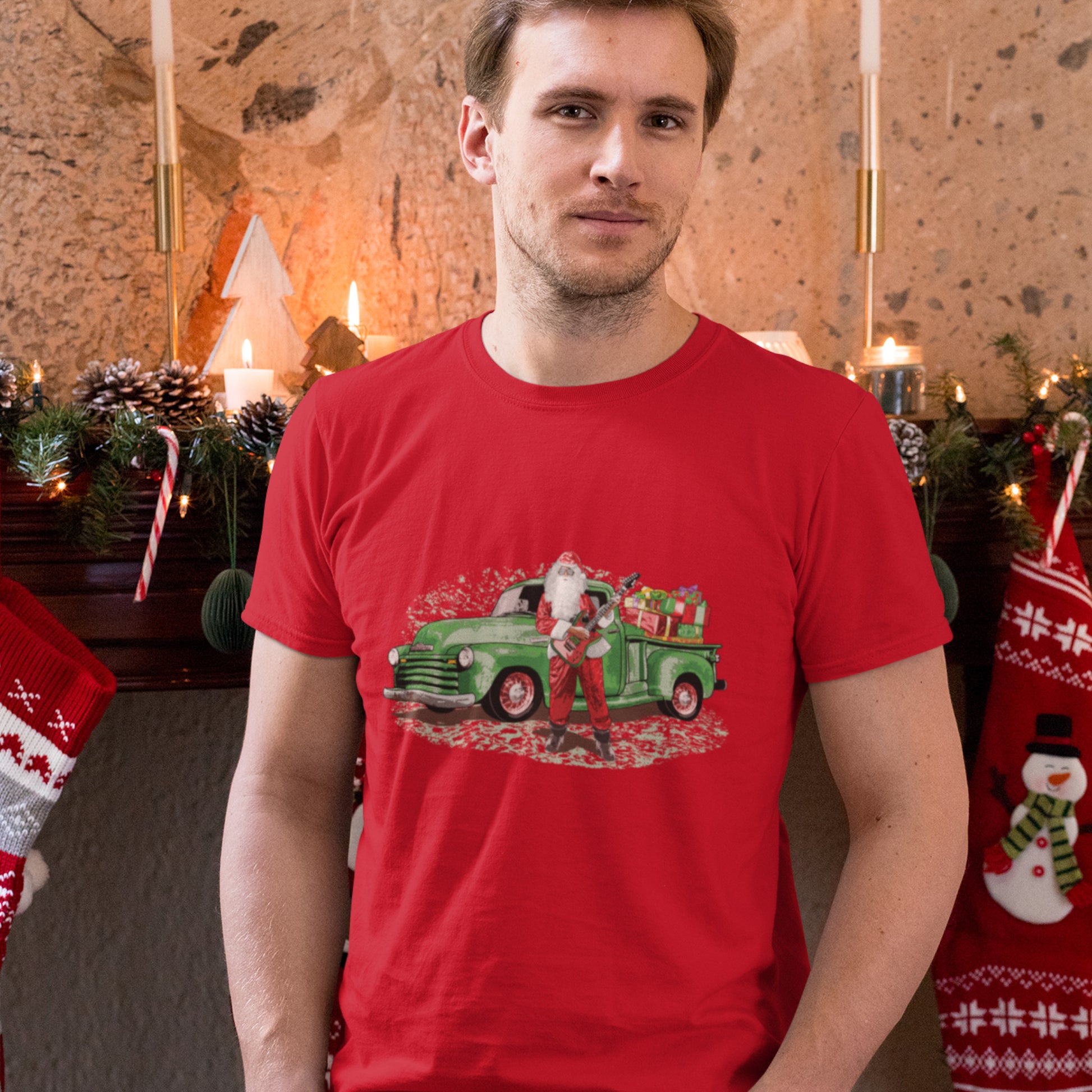 Guitar Santa Unisex Jersey Tee, Santa Claus with Rat Rod Chevy Truck full of Presents