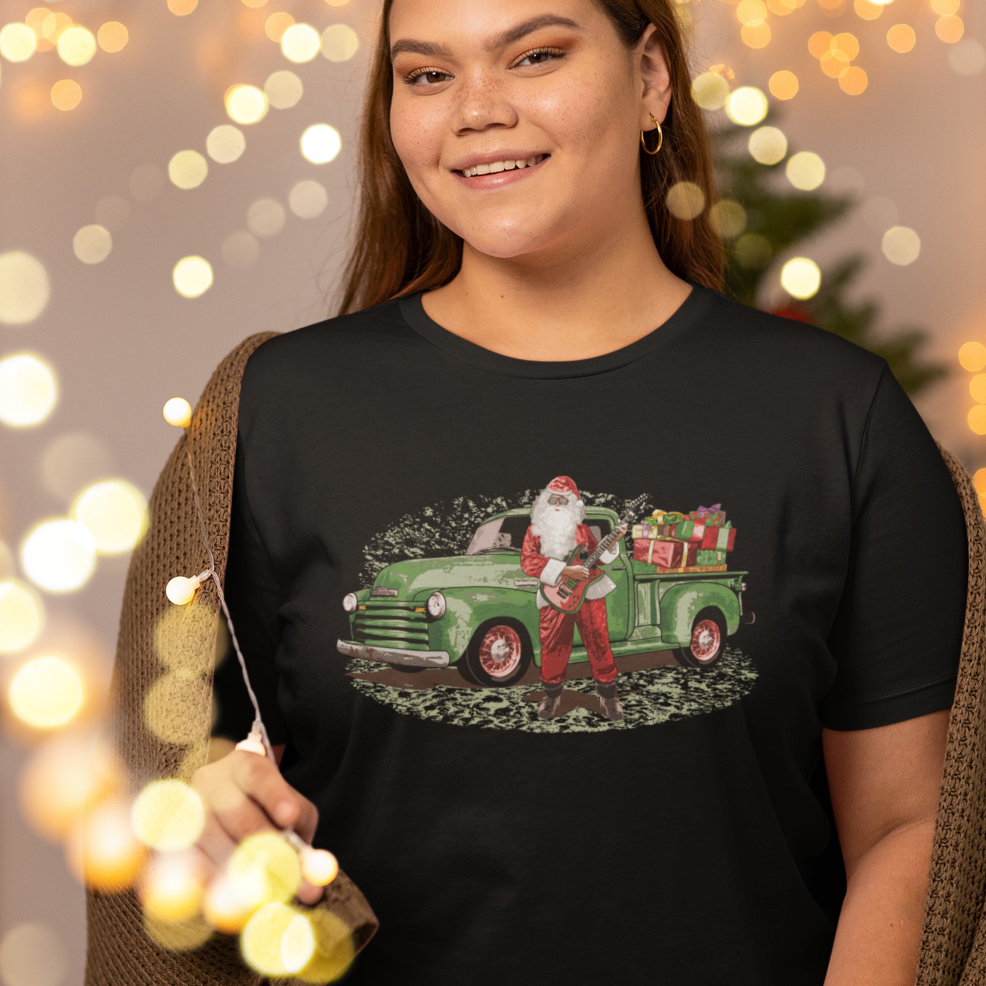 Guitar Santa Unisex Jersey Tee, Santa Claus with Rat Rod Chevy Truck full of Presents