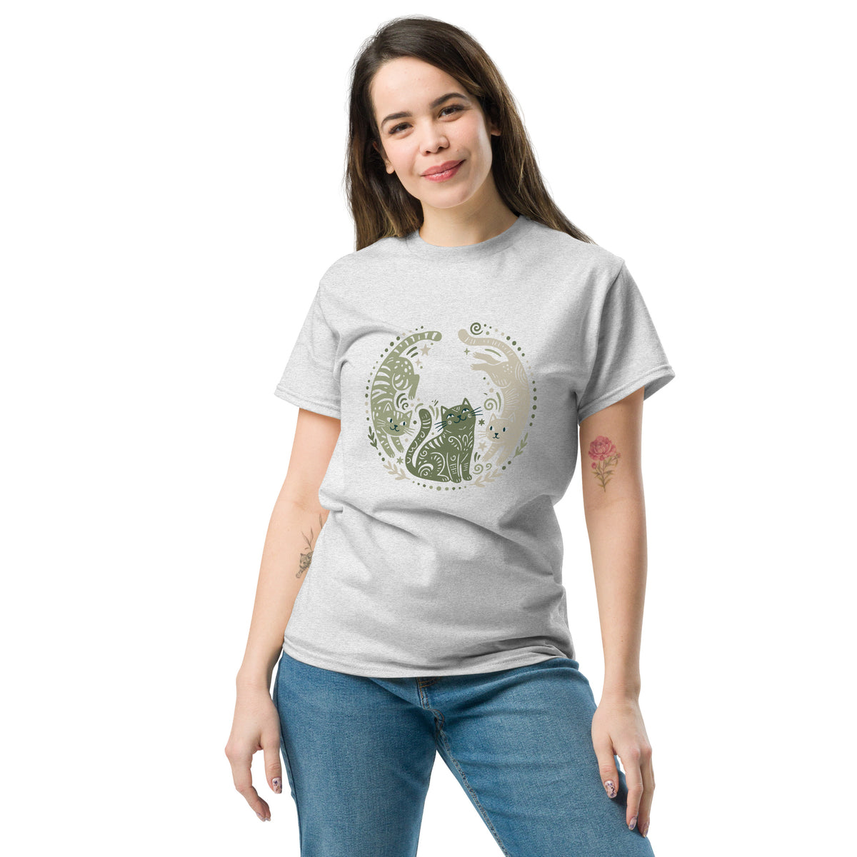 Folk Art Cat Shirt | Celestial Three Cats Tee | Sage Green Mystical T-Shirt
