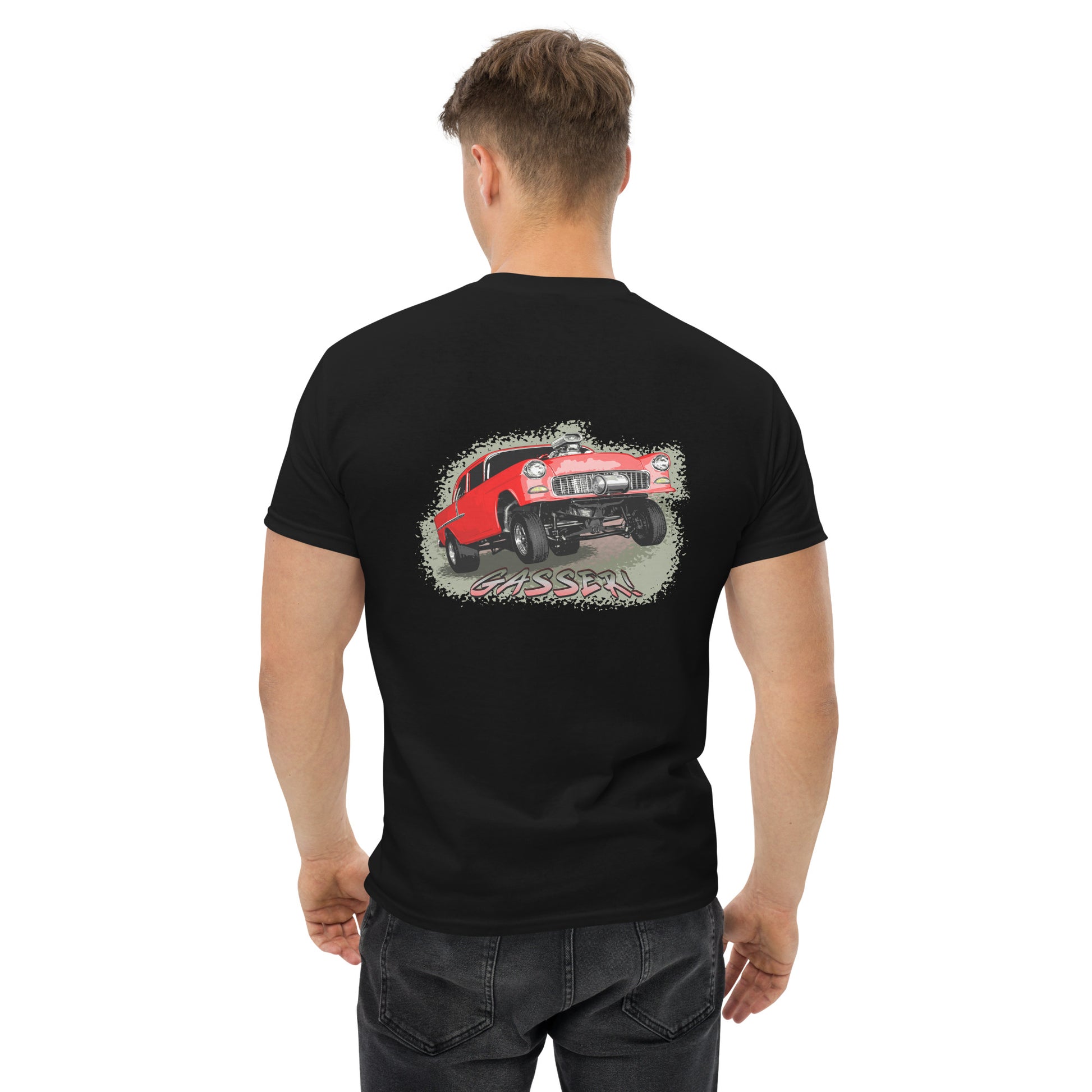 Classic Car Shirt featuring a Red 1955 Chevy Gasser - Unisex t-shirt, 1950s 1960s racer, image on back