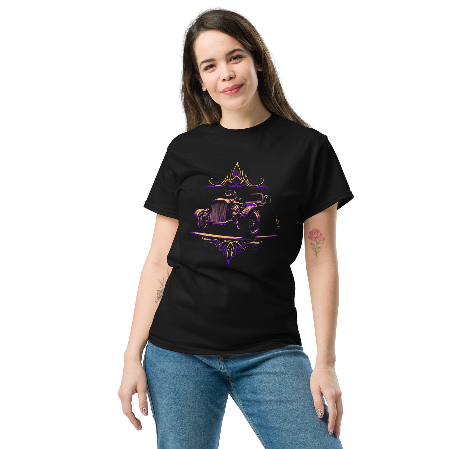 1932 Ford Hot Rod T-Shirt: Pinstripe Unisex Tee Purple and Orange version